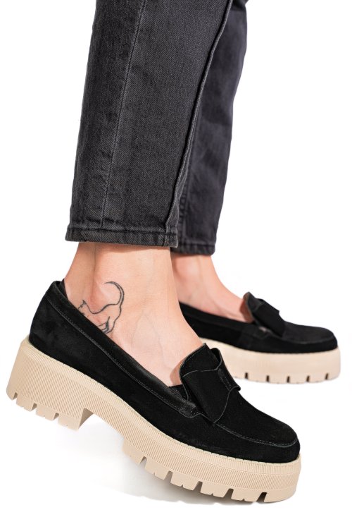 Fekete fordított bőr női lapos cipők 2s7h115