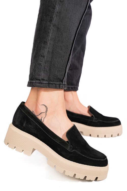 Fekete fordított bőr női lapos cipők 2s7h22