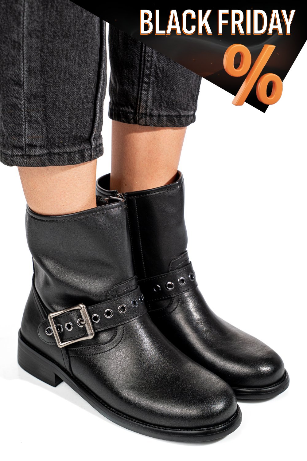 Fekete természetes bőr bakancs ss7hn5009