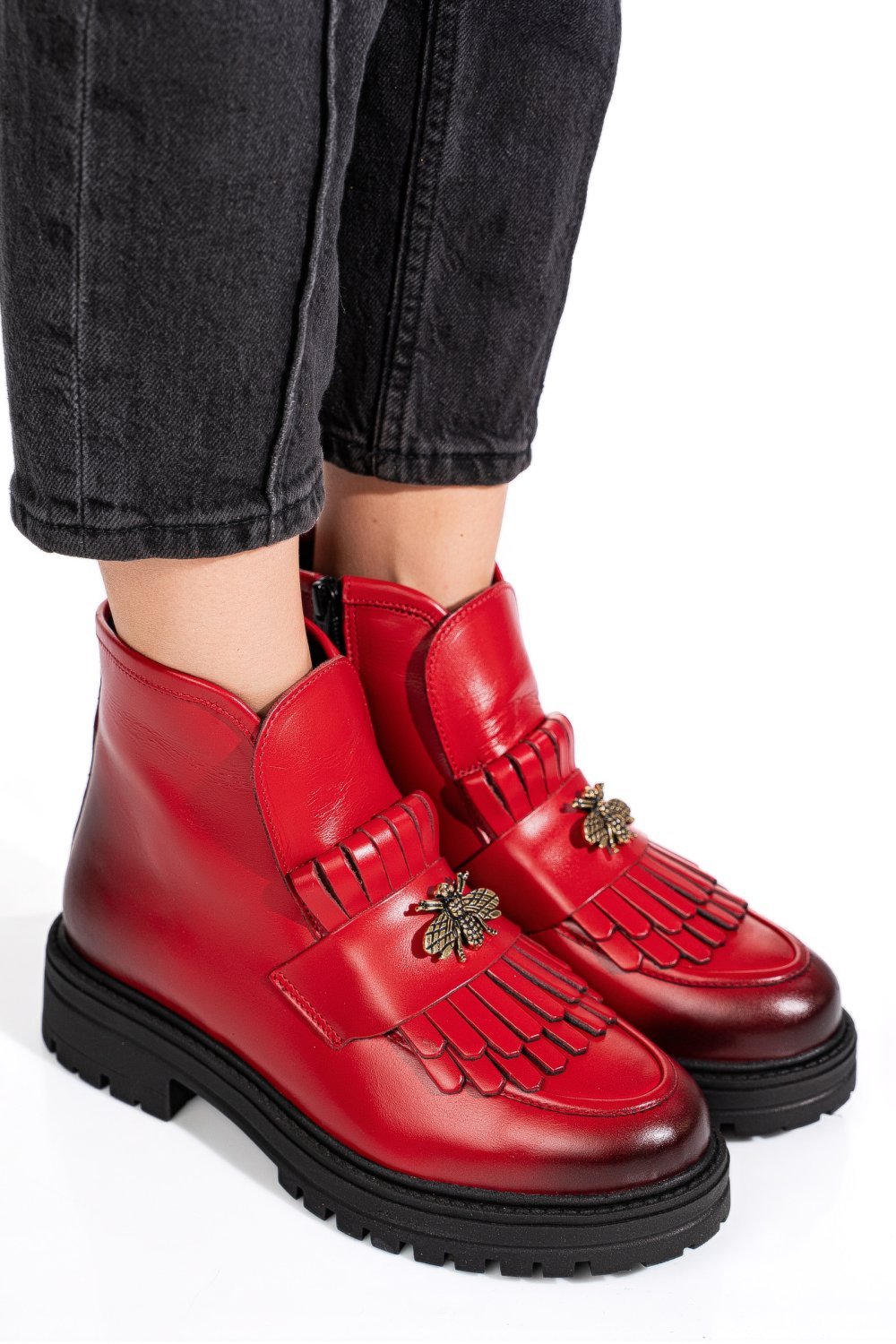 Piros természetes bőr bakancs 3s7h02