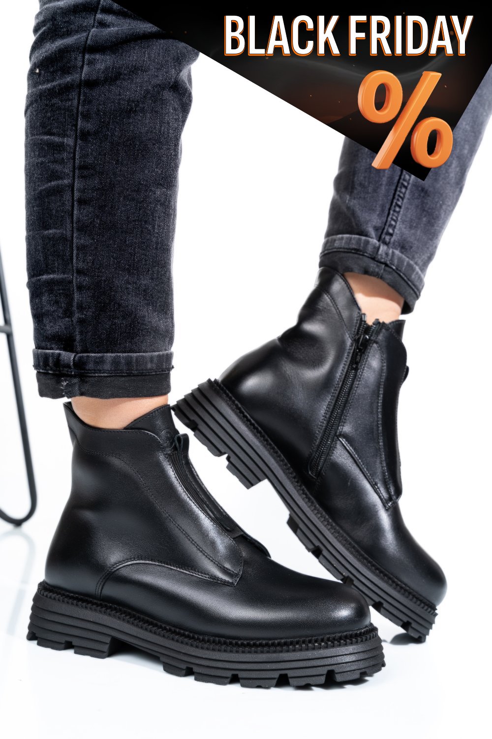 Fekete természetes bőr bakancs 4s7h23